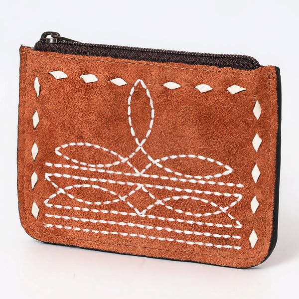 ADBG1655 Tan Suede Card Holder with White Embroidery & Zip Closure