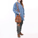 ADBG1656 Tan Suede Bucket Bag with Tooled Leather, White Embroidery & Drawstring Closure