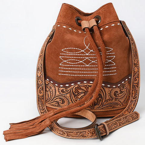 American Darling Western Genuine Suede Leather Bucket Bag with Tooled Accents & Tassels ï¿½ Handcrafted Design