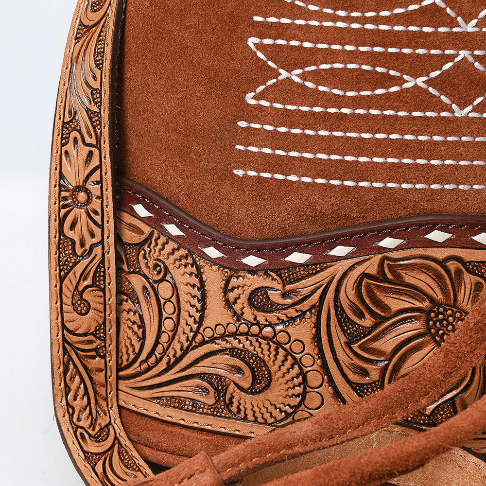 ADBG1656 Tan genuine Genuine suede Bucket Bag with Tooled Leather, White Embroidery & Drawstring Closure