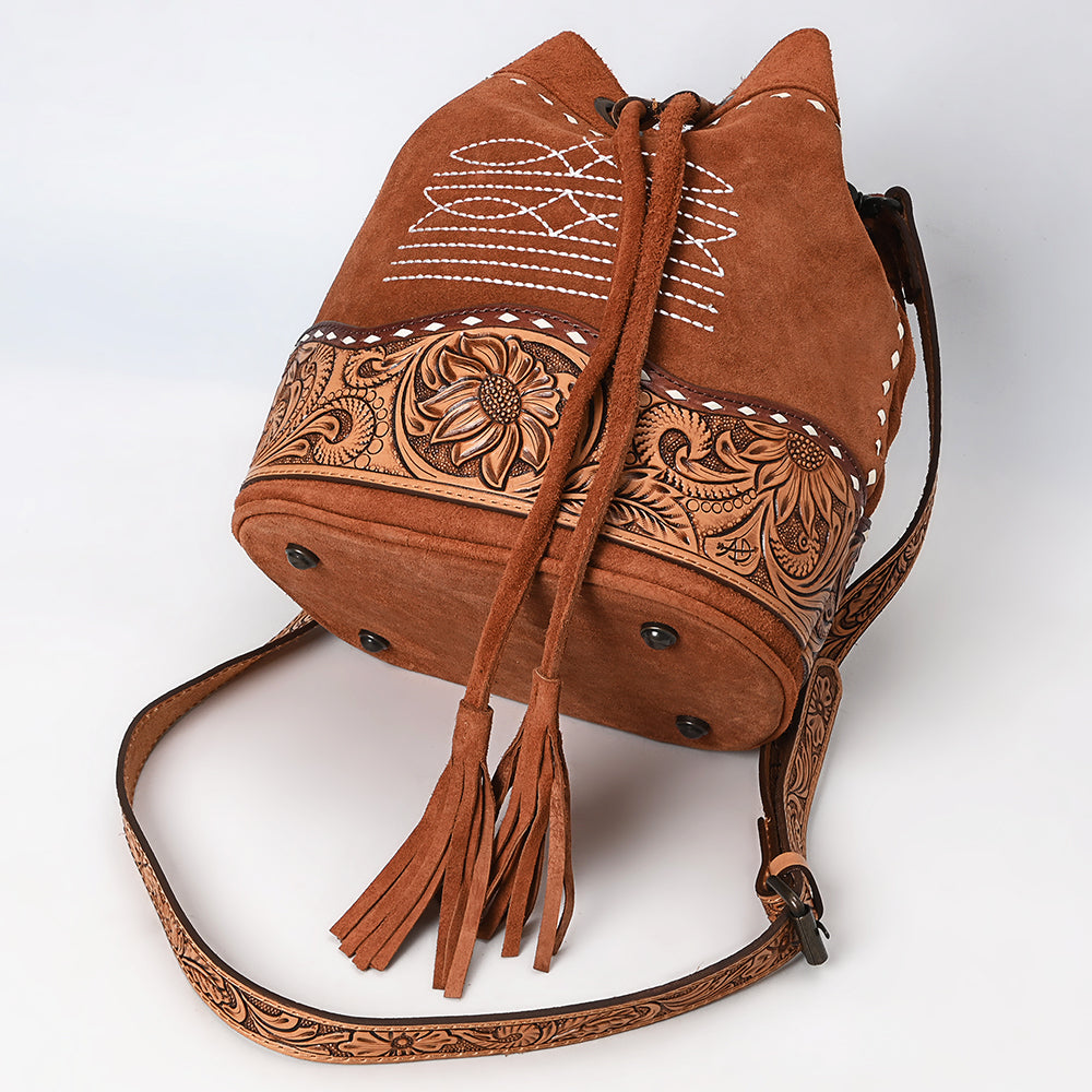 ADBG1656 Tan genuine Genuine suede Bucket Bag with Tooled Leather, White Embroidery & Drawstring Closure