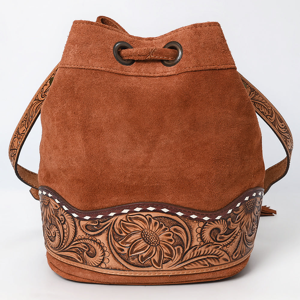 ADBG1656 Tan genuine Genuine suede Bucket Bag with Tooled Leather, White Embroidery & Drawstring Closure