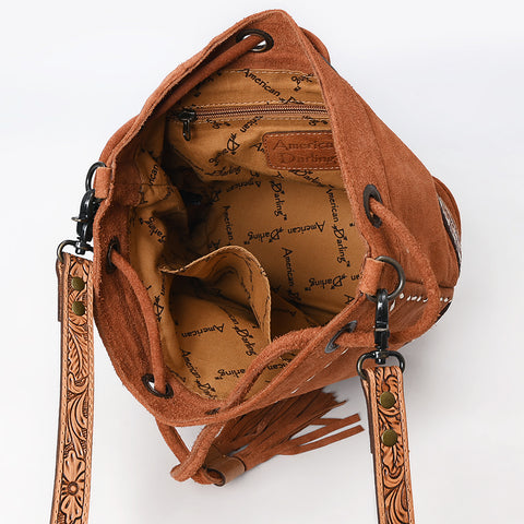 American Darling Western Genuine Suede Leather Bucket Bag with Tooled Accents & Tassels ï¿½ Handcrafted Design