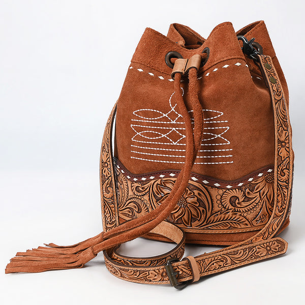 ADBG1656 Tan Suede Bucket Bag with Tooled Leather, White Embroidery & Drawstring Closure
