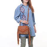 ADBG1657 Tan Suede Crossbody Bag with Scalloped Flap, Tooled Leather & Fringe