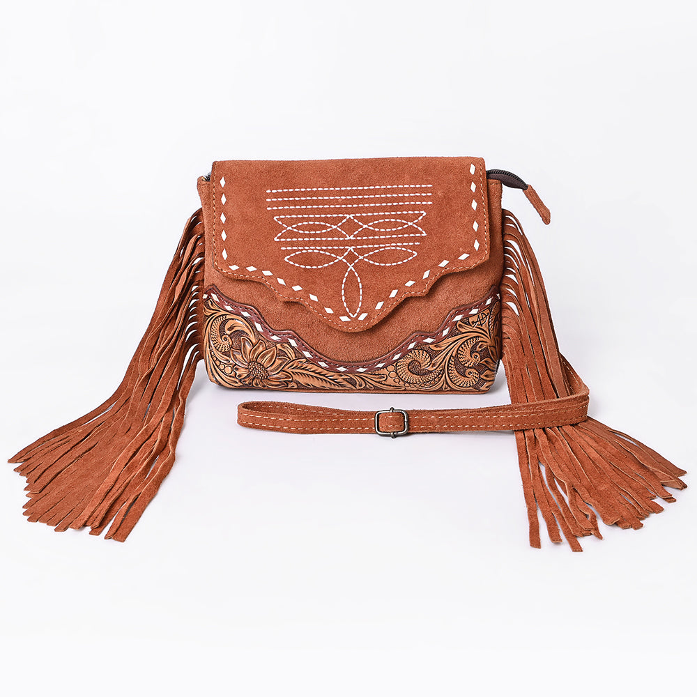 ADBG1657 Tan Genuine suede Crossbody Bag with Scalloped Flap, Tooled Leather & Fringe
