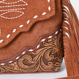 ADBG1657 Tan Suede Crossbody Bag with Scalloped Flap, Tooled Leather & Fringe