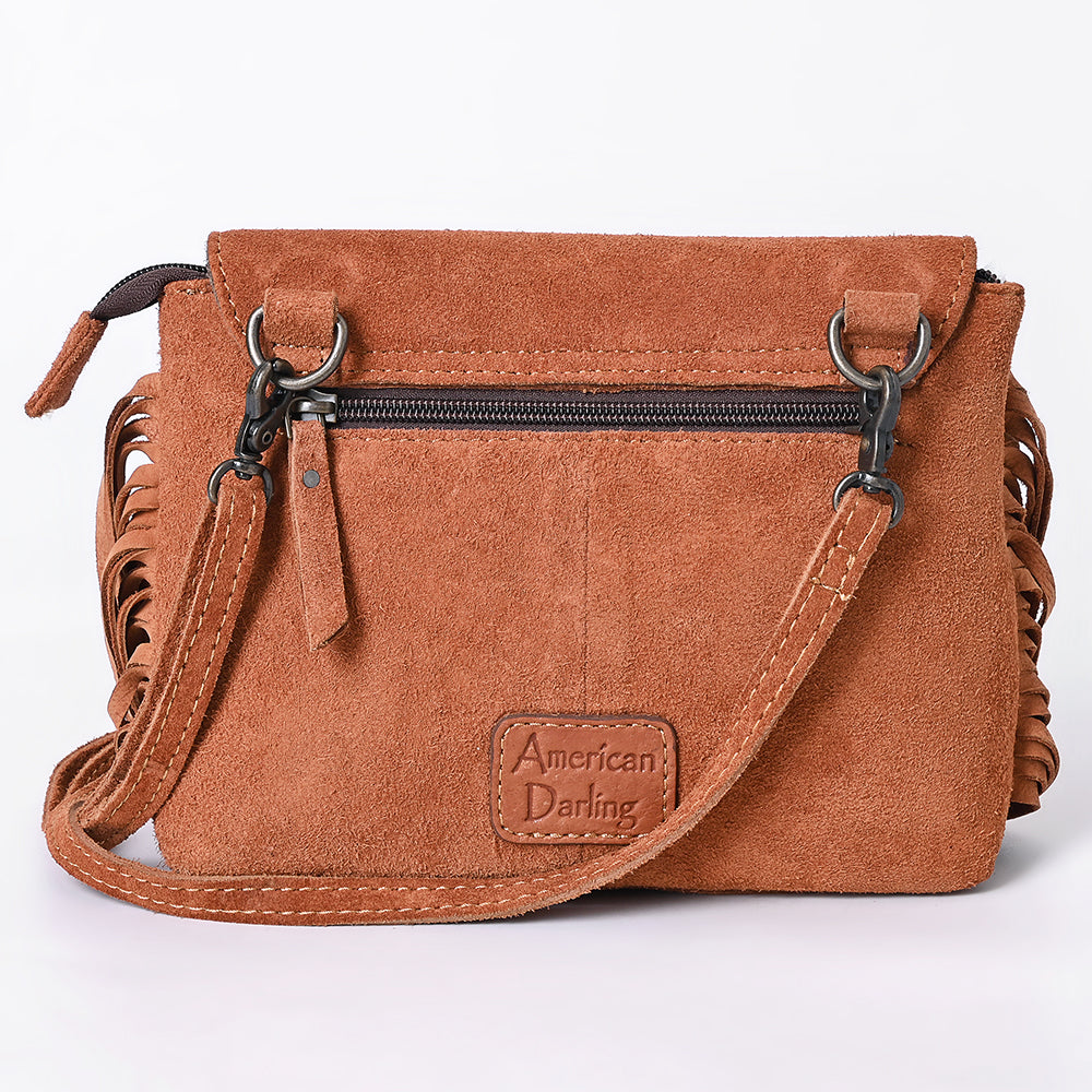 ADBG1657 Tan Genuine suede Crossbody Bag with Scalloped Flap, Tooled Leather & Fringe