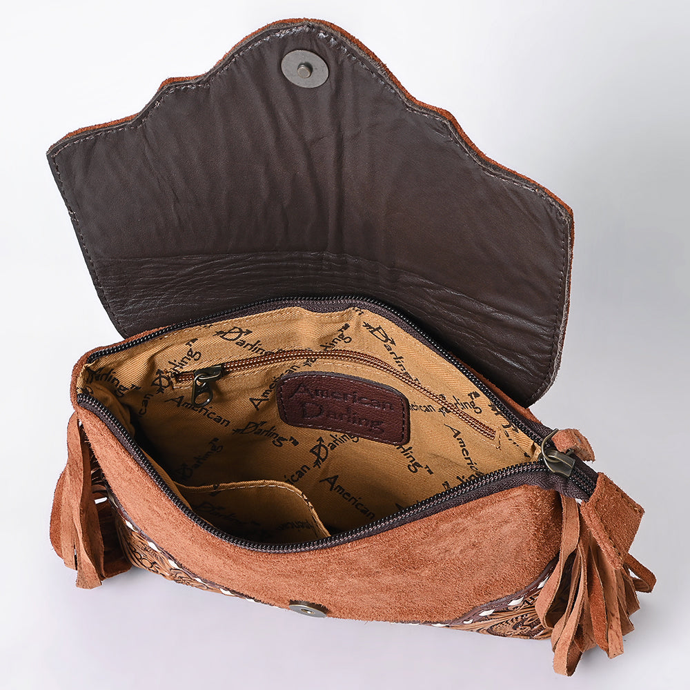 ADBG1657 Tan Genuine suede Crossbody Bag with Scalloped Flap, Tooled Leather & Fringe