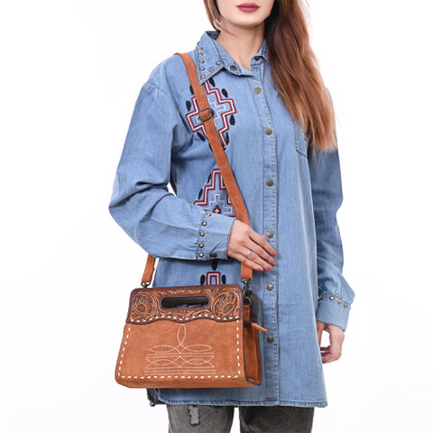 American Darling Western Genuine Suede Leather Clutch Bag with Hand-Tooled Handle & Buck-Stitched Detailing