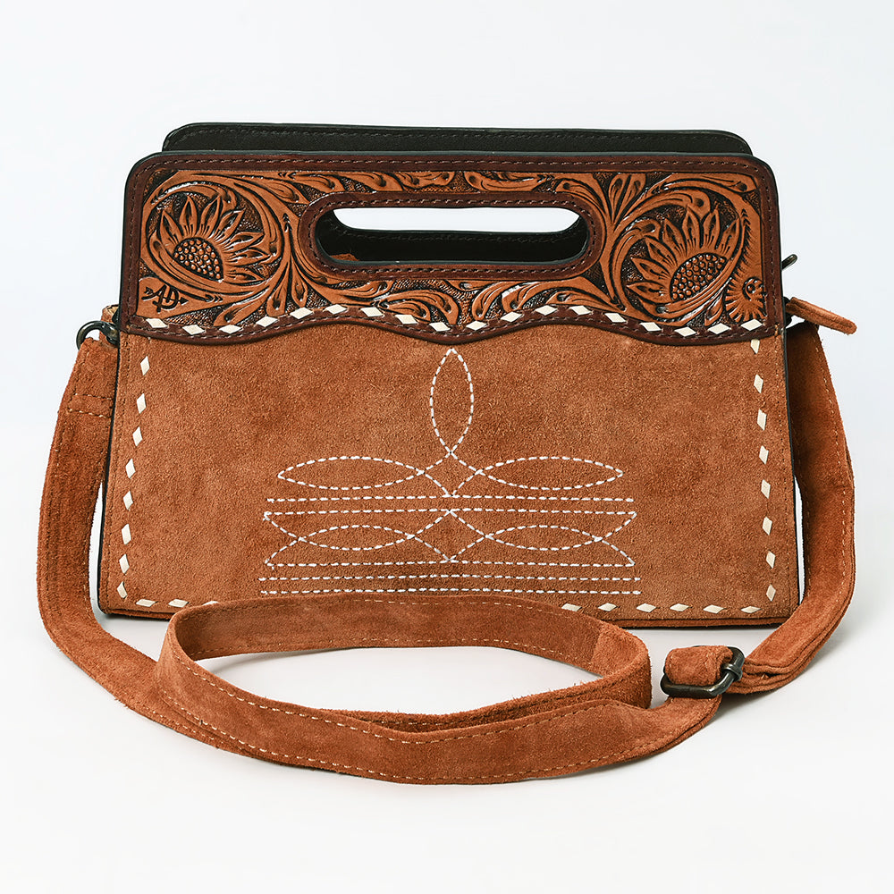ADBG1658 Tan Genuine suede Convertible Crossbody with Handle Cutout & Tooled Leather Trim