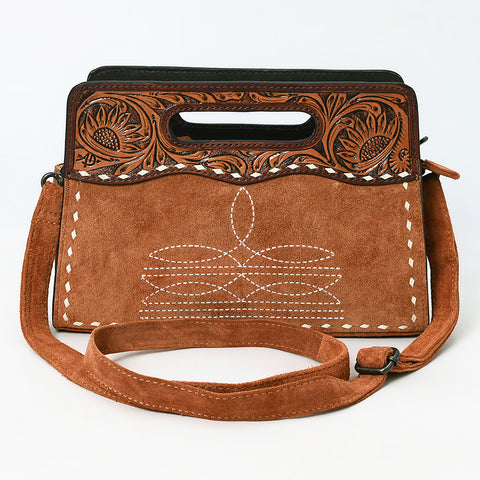 American Darling Western Genuine Suede Leather Clutch Bag with Hand-Tooled Handle & Buck-Stitched Detailing