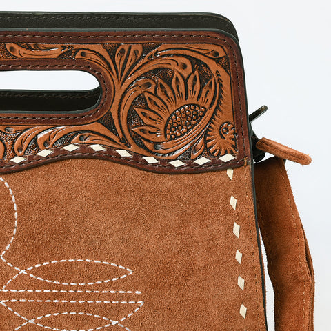 American Darling Western Genuine Suede Leather Clutch Bag with Hand-Tooled Handle & Buck-Stitched Detailing