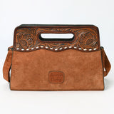 ADBG1658 Tan Suede Convertible Crossbody with Handle Cutout & Tooled Leather Trim