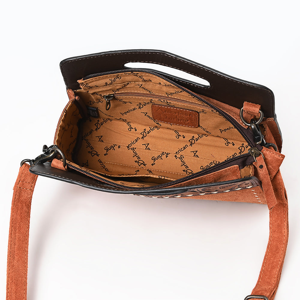 ADBG1658 Tan Genuine suede Convertible Crossbody with Handle Cutout & Tooled Leather Trim