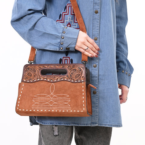 American Darling Western Genuine Suede Leather Clutch Bag with Hand-Tooled Handle & Buck-Stitched Detailing