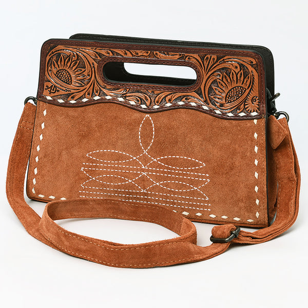 ADBG1658 Tan Suede Convertible Crossbody with Handle Cutout & Tooled Leather Trim