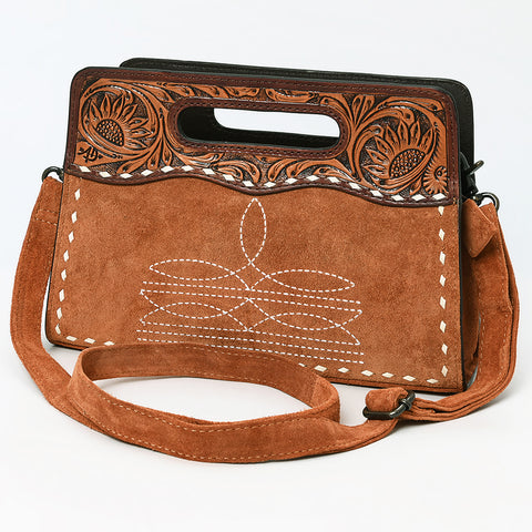 American Darling Western Genuine Suede Leather Clutch Bag with Hand-Tooled Handle & Buck-Stitched Detailing