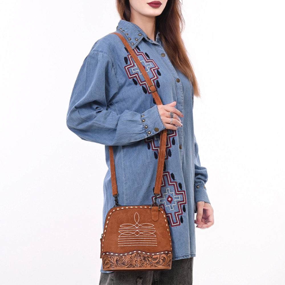 ADBG1659 Tan Genuine suede Saddle Crossbody Bag with Tooled Leather & White Embroidery