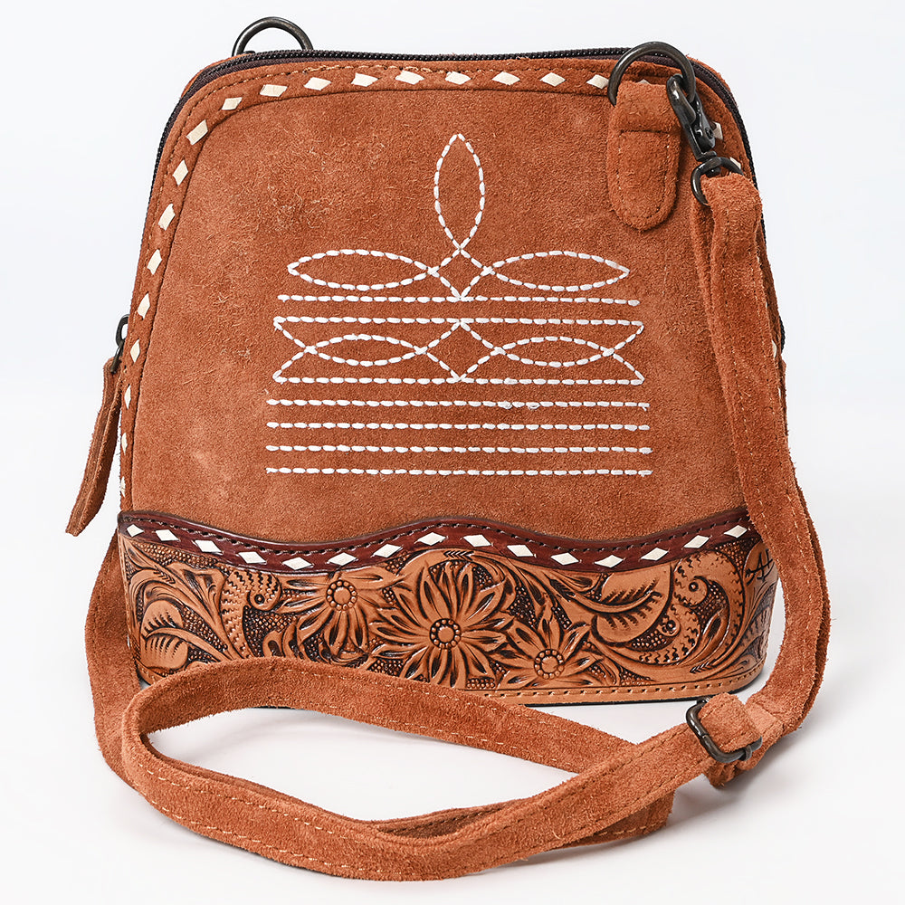 ADBG1659 Tan Genuine suede Saddle Crossbody Bag with Tooled Leather & White Embroidery
