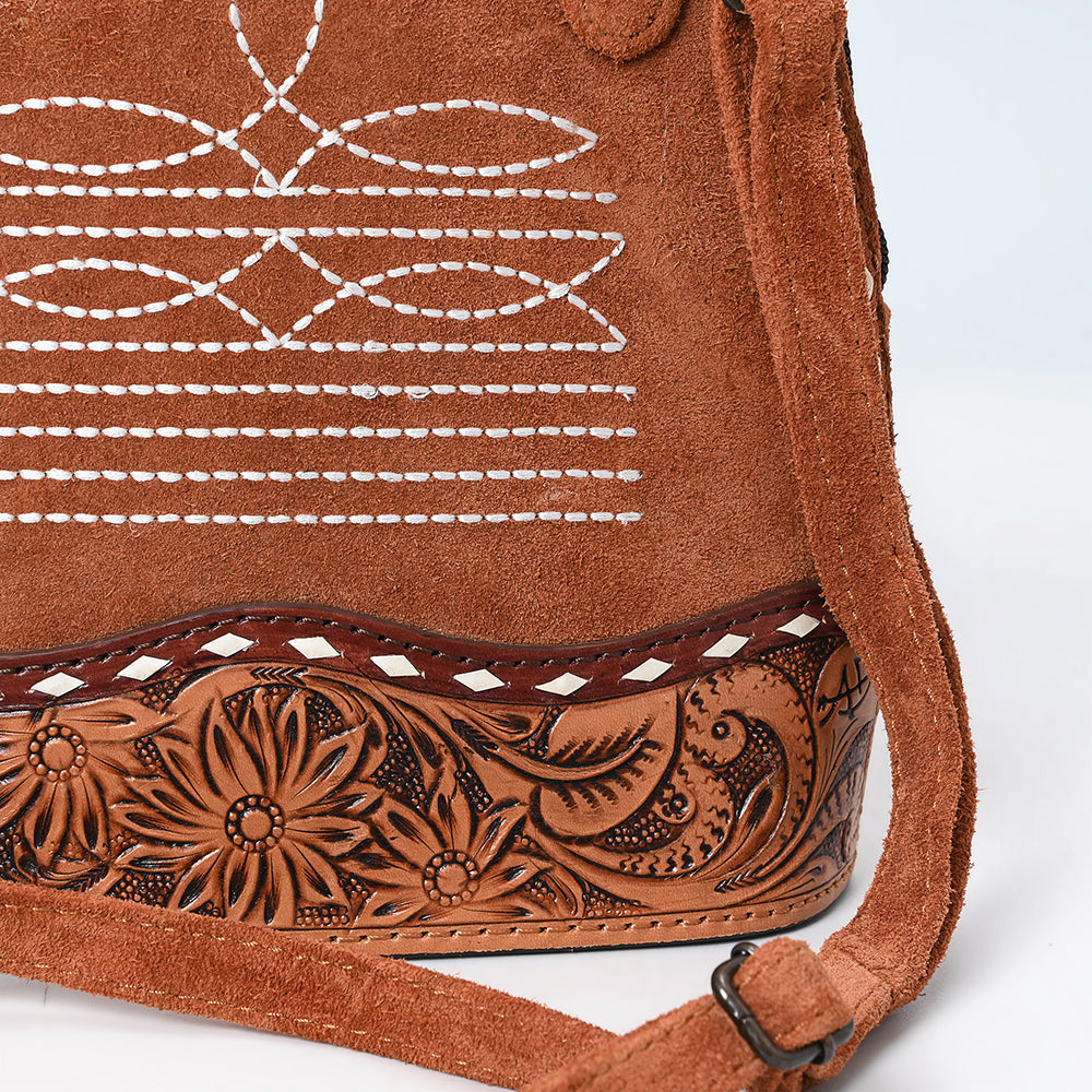 ADBG1659 Tan Genuine suede Saddle Crossbody Bag with Tooled Leather & White Embroidery