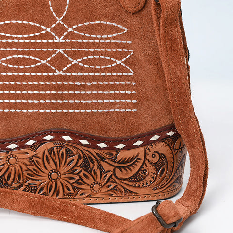 American Darling Handcrafted Western Genuine Suede Leather Crossbody Bag with Tooled Panel & Buck-Stitched Detail
