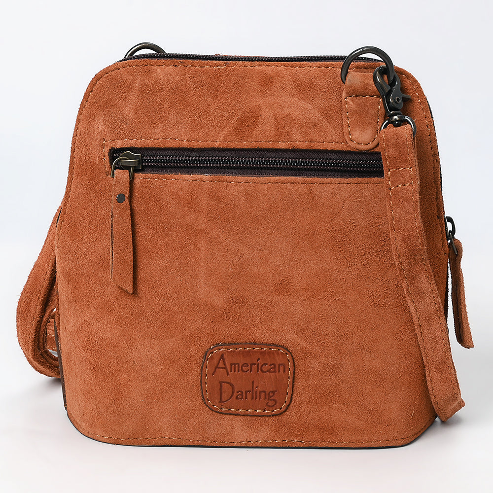 ADBG1659 Tan Genuine suede Saddle Crossbody Bag with Tooled Leather & White Embroidery