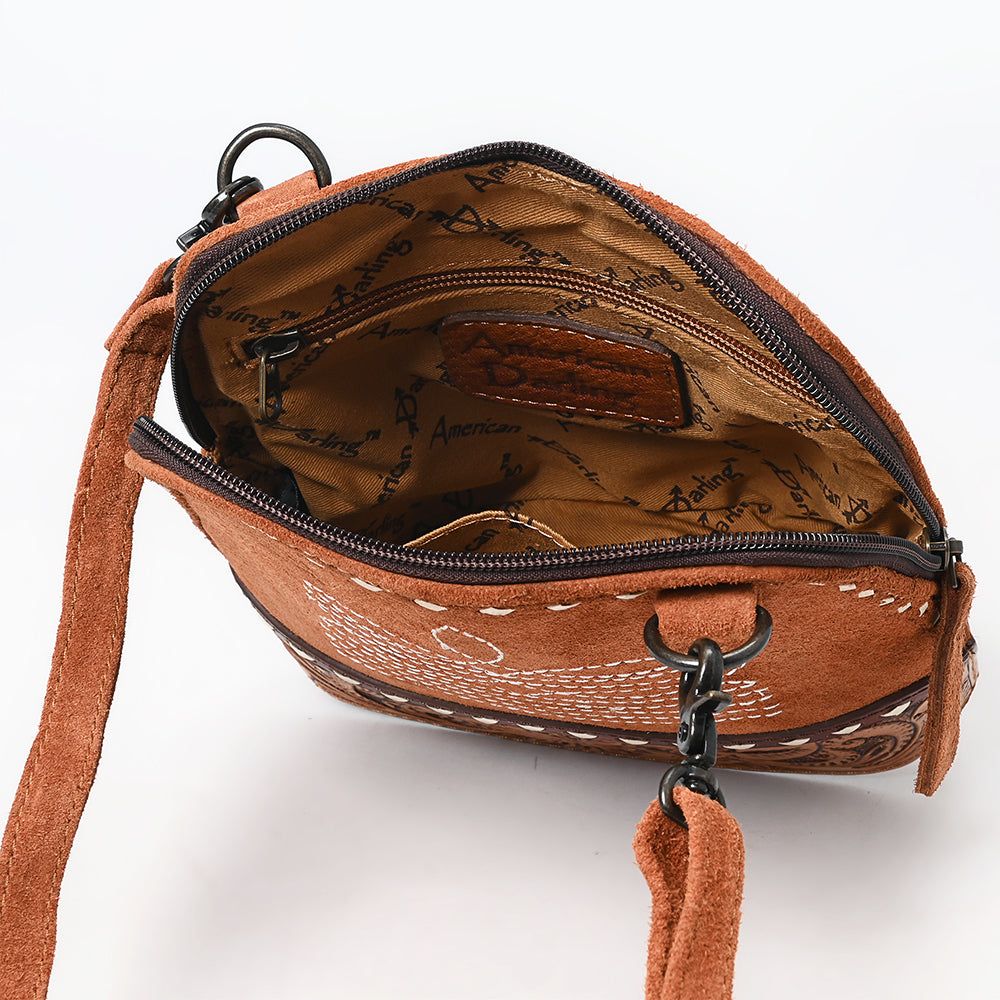 ADBG1659 Tan Genuine suede Saddle Crossbody Bag with Tooled Leather & White Embroidery