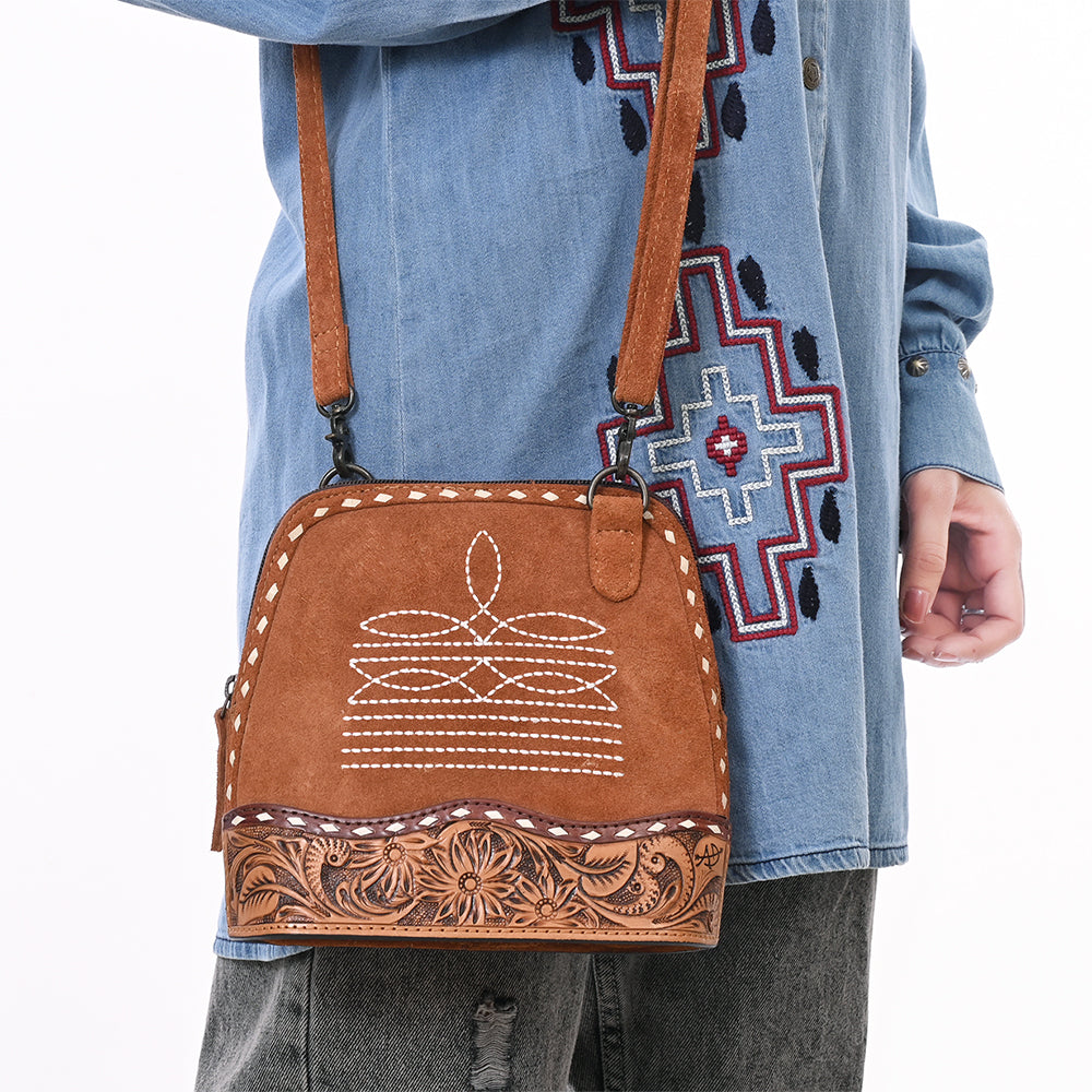 ADBG1659 Tan Genuine suede Saddle Crossbody Bag with Tooled Leather & White Embroidery