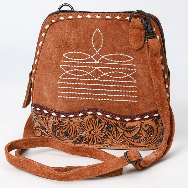 ADBG1659 Tan Suede Saddle Crossbody Bag with Tooled Leather & White Embroidery