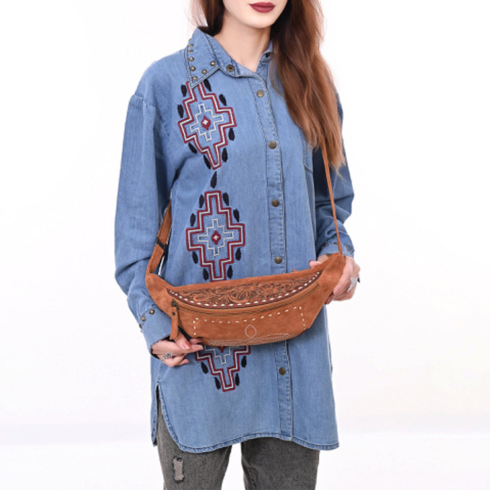 ADBG1660 Tan Suede Western Fanny Bag with Embroidery & Tooled Leather Accent