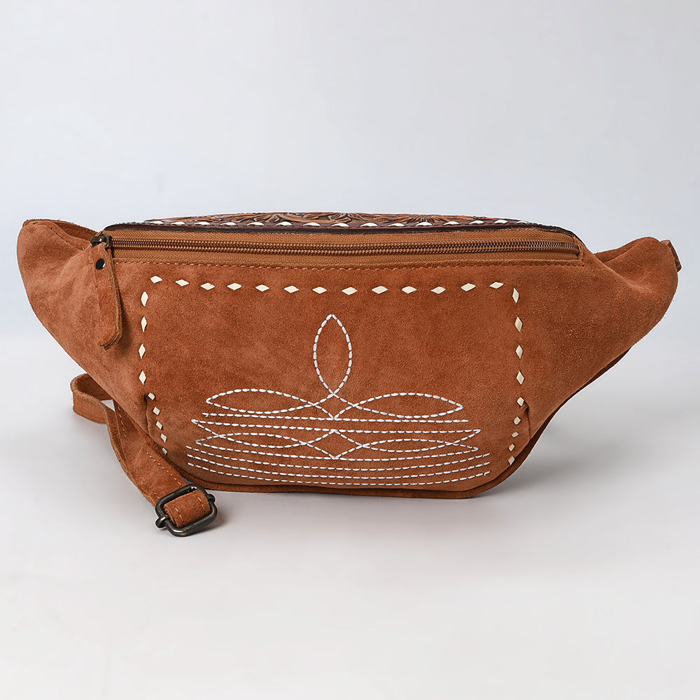 ADBG1660 Tan Suede Western Fanny Bag with Embroidery & Tooled Leather Accent
