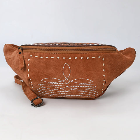 American Darling Handcrafted Western Leather Fanny Pack with Buck-Stitched Genuine Suede & Tooled Accents