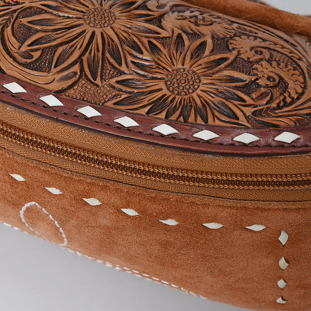 ADBG1660 Tan Suede Western Fanny Bag with Embroidery & Tooled Leather Accent