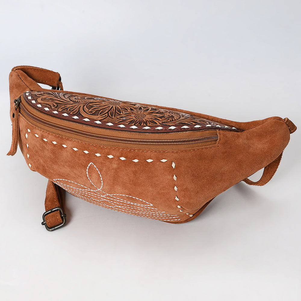 ADBG1660 Tan Suede Western Fanny Bag with Embroidery & Tooled Leather Accent
