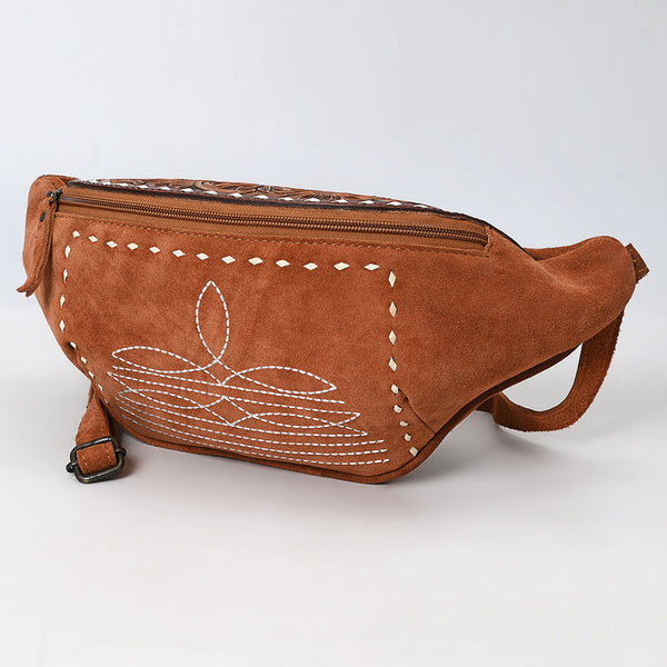 ADBG1660 Tan Genuine suede Western Fanny Bag with Embroidery & Tooled Leather Accent
