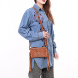 ADBG1662 Tan Suede Crossbody Bag with Fringe, Embroidery & Tooled Leather Accent