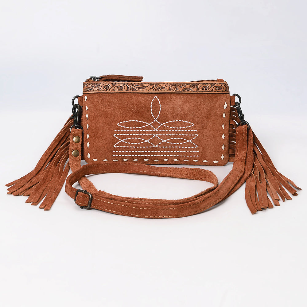 ADBG1662 Tan Genuine suede Crossbody Bag with Fringe, Embroidery & Tooled Leather Accent