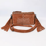 ADBG1662 Tan Suede Crossbody Bag with Fringe, Embroidery & Tooled Leather Accent