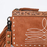ADBG1662 Tan Suede Crossbody Bag with Fringe, Embroidery & Tooled Leather Accent