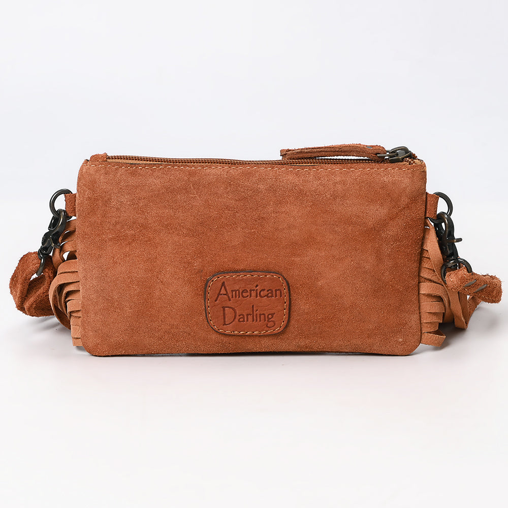 ADBG1662 Tan Genuine suede Crossbody Bag with Fringe, Embroidery & Tooled Leather Accent