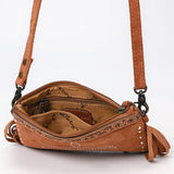 ADBG1662 Tan Suede Crossbody Bag with Fringe, Embroidery & Tooled Leather Accent