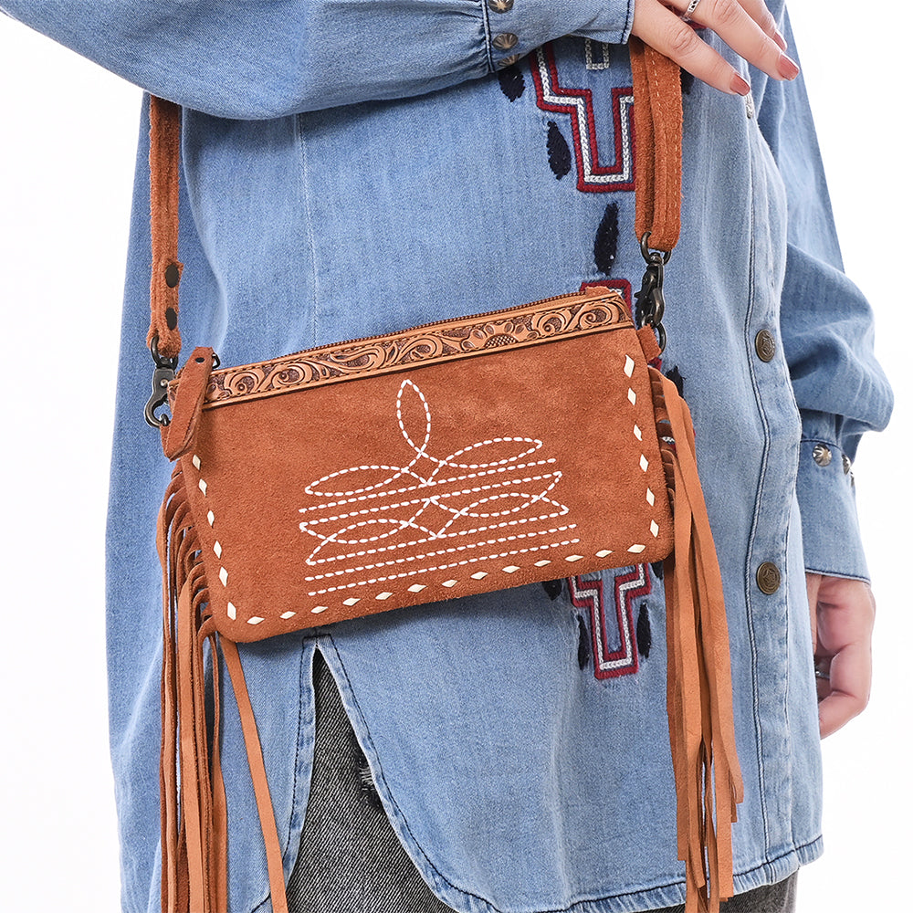 ADBG1662 Tan Genuine suede Crossbody Bag with Fringe, Embroidery & Tooled Leather Accent