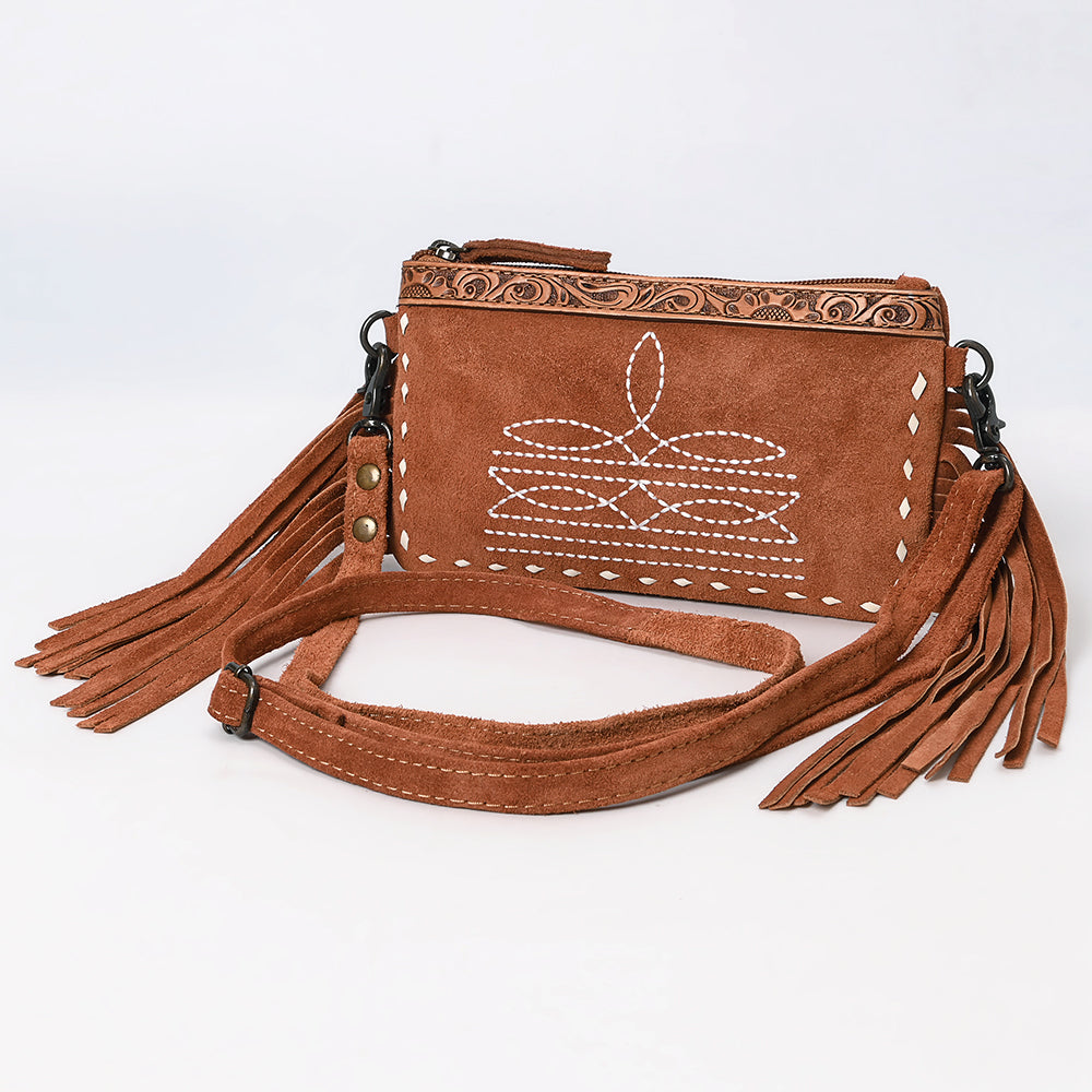 ADBG1662 Tan Genuine suede Crossbody Bag with Fringe, Embroidery & Tooled Leather Accent