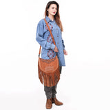 ADBG1663 Crescent Tan Suede Messenger Bag with Fringe and Tooled Leather Yoke