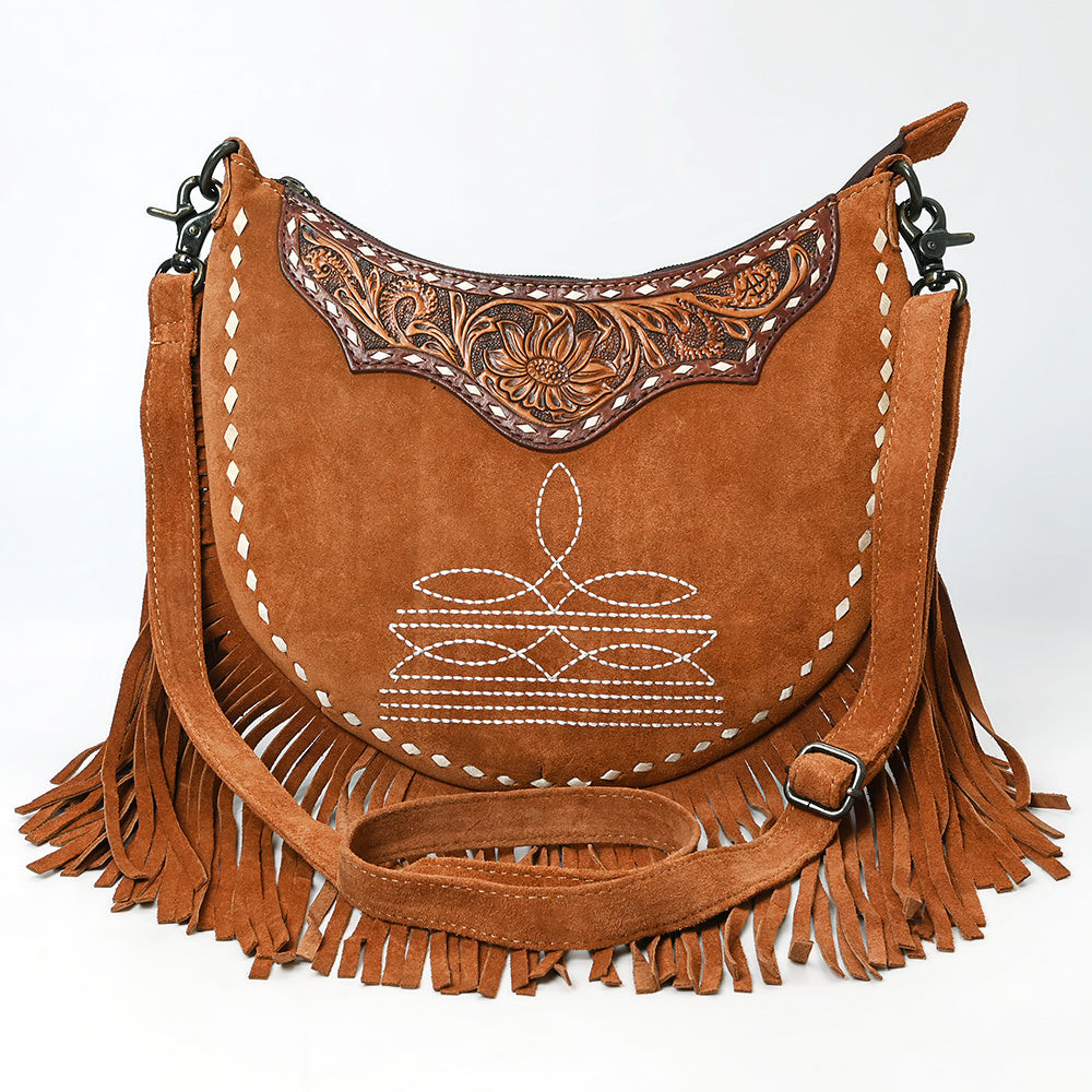 ADBG1663 Crescent Tan Genuine suede Crossbody Bag with Fringe and Tooled Leather Yoke