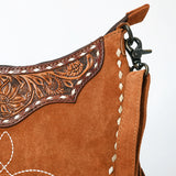 ADBG1663 Crescent Tan Suede Messenger Bag with Fringe and Tooled Leather Yoke
