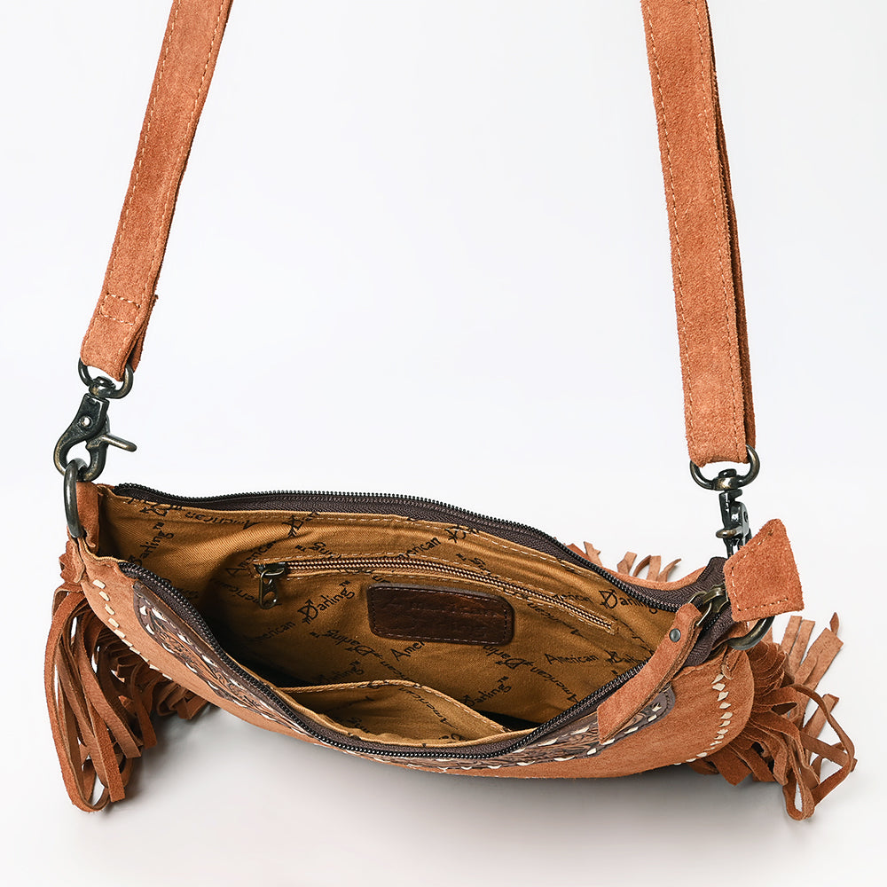 ADBG1663 Crescent Tan Genuine suede Crossbody Bag with Fringe and Tooled Leather Yoke