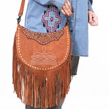 ADBG1663 Crescent Tan Suede Messenger Bag with Fringe and Tooled Leather Yoke