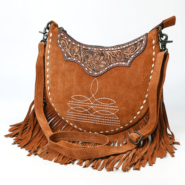 ADBG1663 Crescent Tan Suede Messenger Bag with Fringe and Tooled Leather Yoke